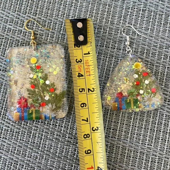 XMAS Handmade Large Pressed Flower Holiday Earrings Christmas Tree Rectangle - Picture 6 of 9